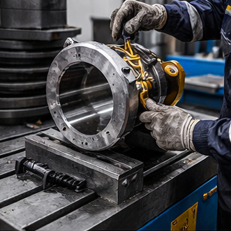 Manos con guantes trabajando en una pieza de una máquina de metal, probablemente en una fábrica o taller.