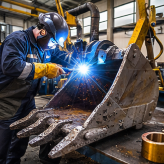 Soldador con casco trabajando con maquinaria pesada, saltan chispas.