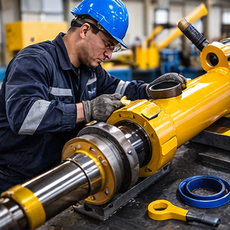 Mecánico con casco azul y ropa de trabajo, ensamblando maquinaria industrial amarilla en una fábrica.