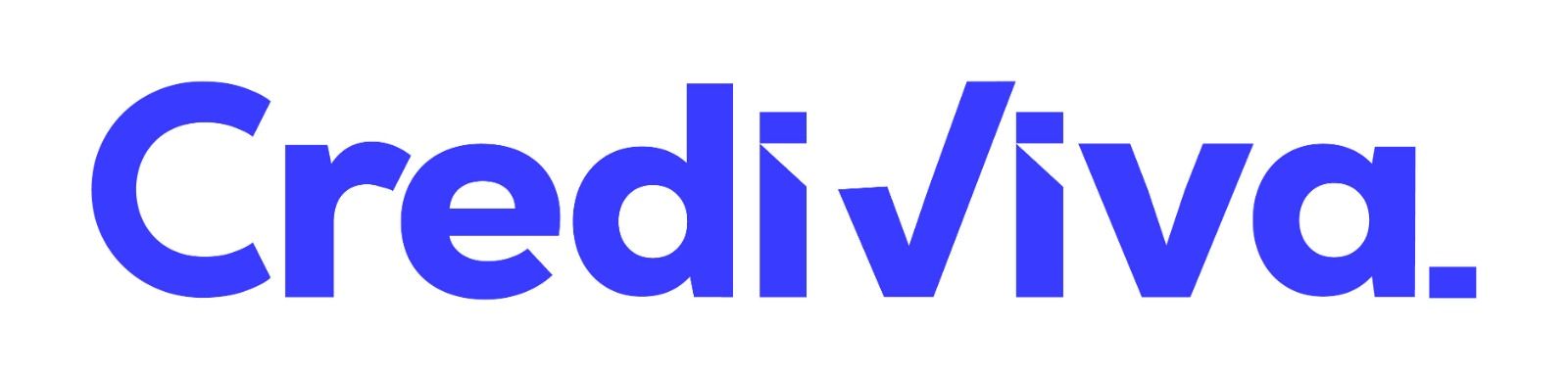 Un logotipo azul para Credit Viva sobre un fondo blanco.