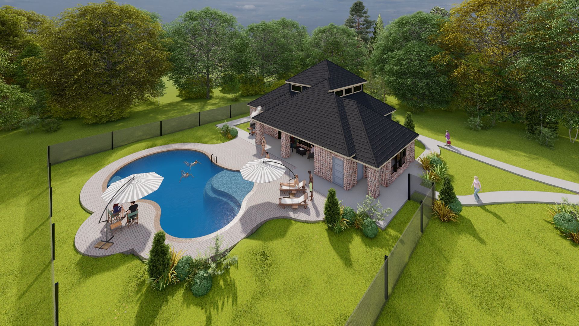 An aerial view of a house with a large swimming pool in the backyard.