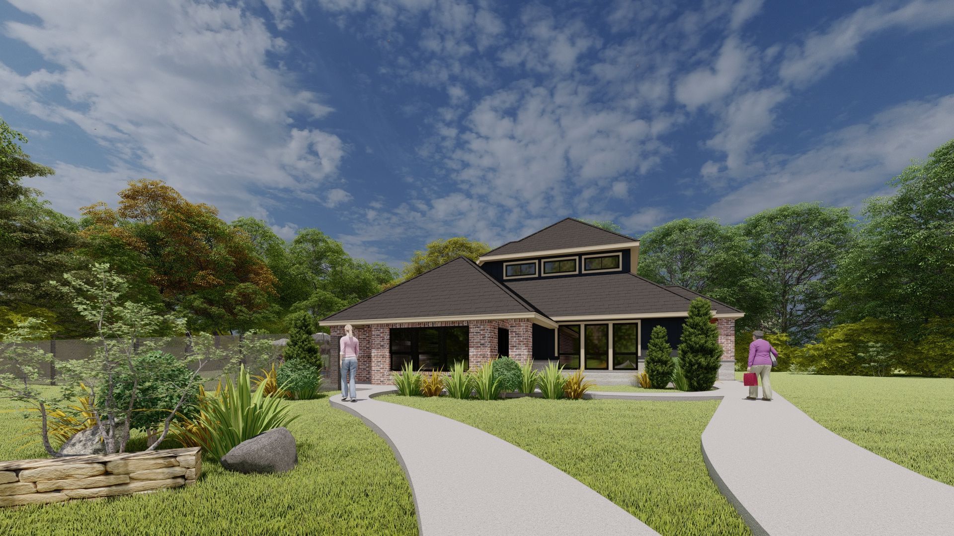 A couple of people are walking down a path in front of a house.