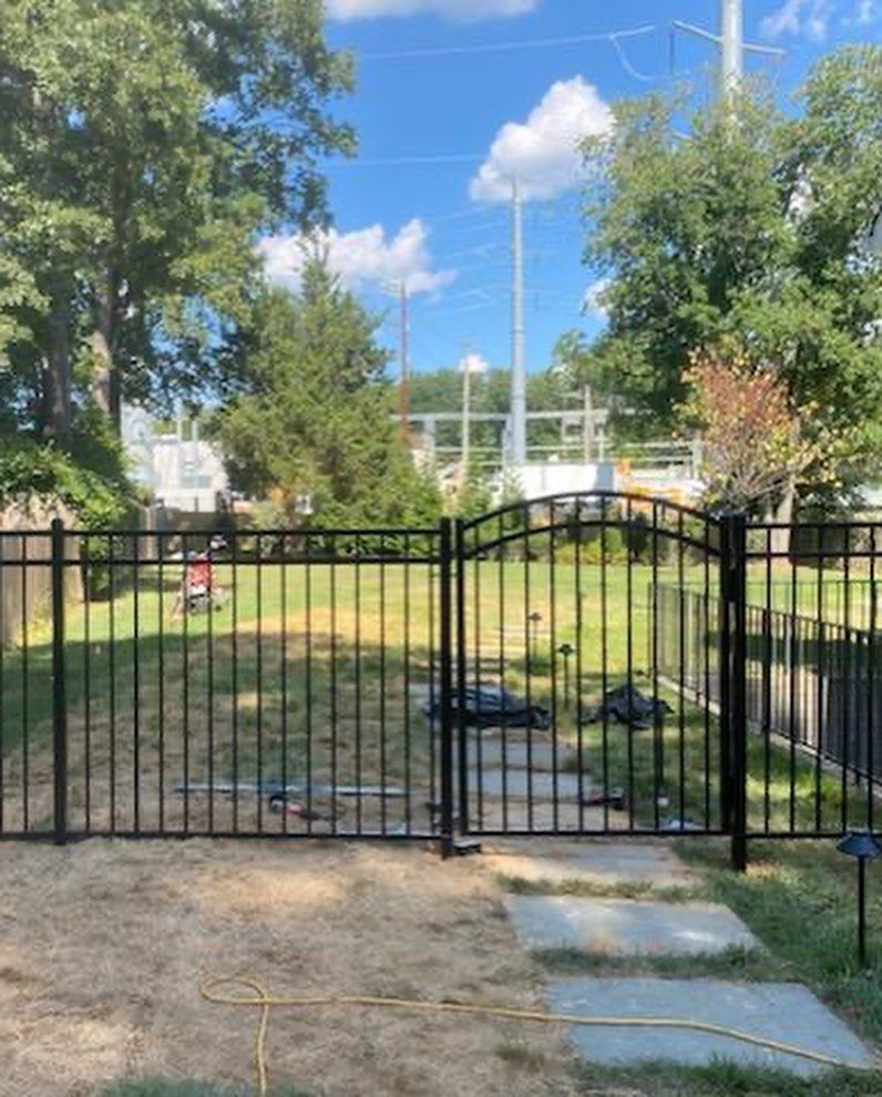 Black metal fence with gate in a yard. Green grass, trees, and blue sky in background.