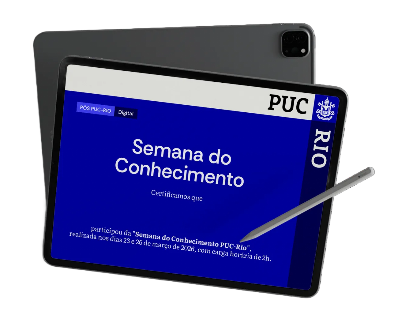 Um tablet com um certificado sobre um fundo branco.