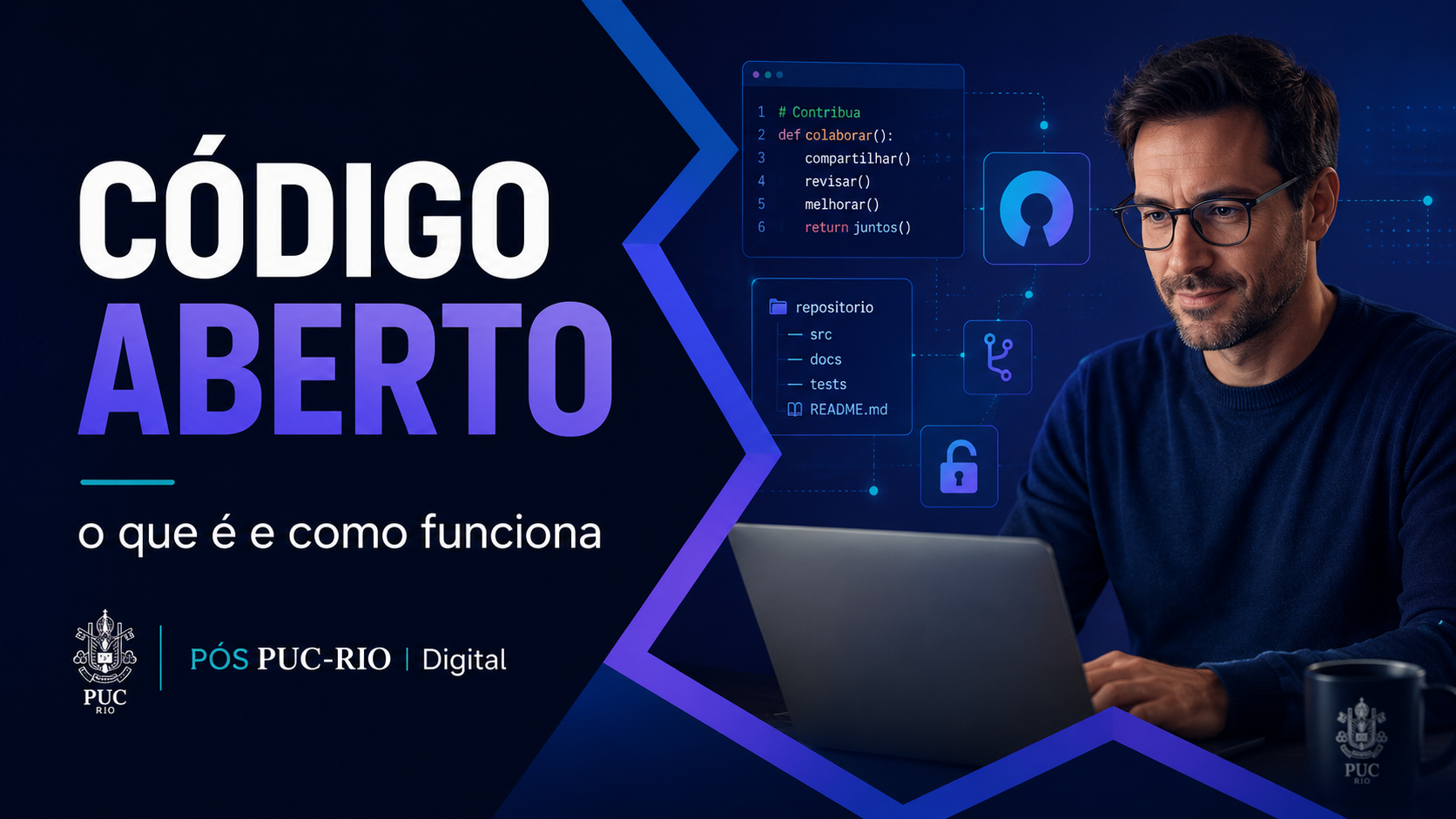 CÓDIGO ABERTO podcast banner with a man using a laptop on a dark blue tech-themed background