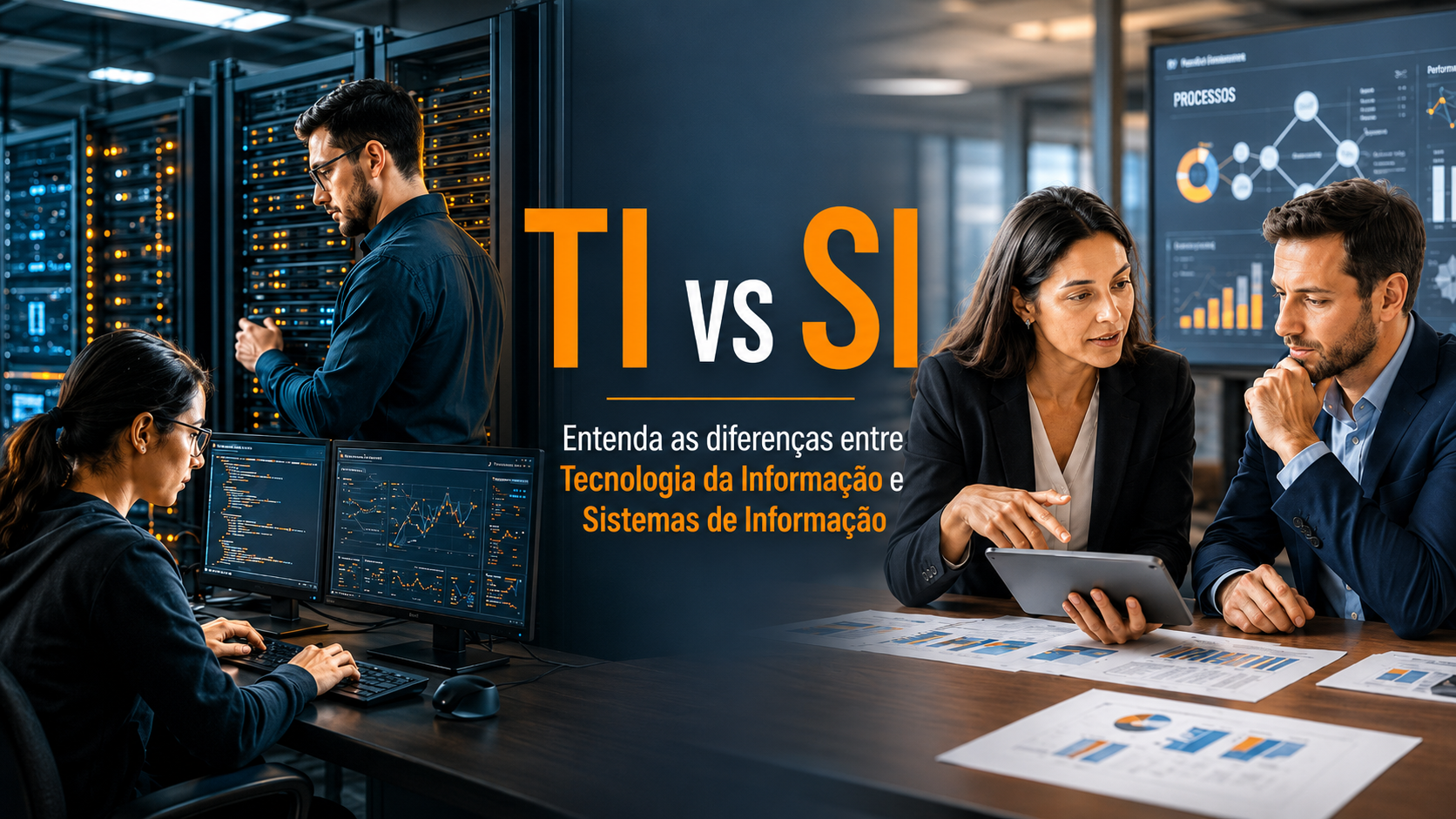 Office team discussing TI vs SI on computer screens and a projected presentation in a modern workspace