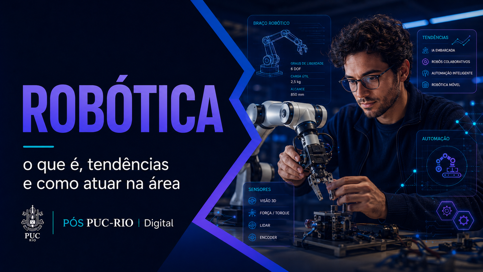 Robótica: homem trabalhando com braço robótico em laboratório azul, com texto “o que é, tendências e como ajudar na área”