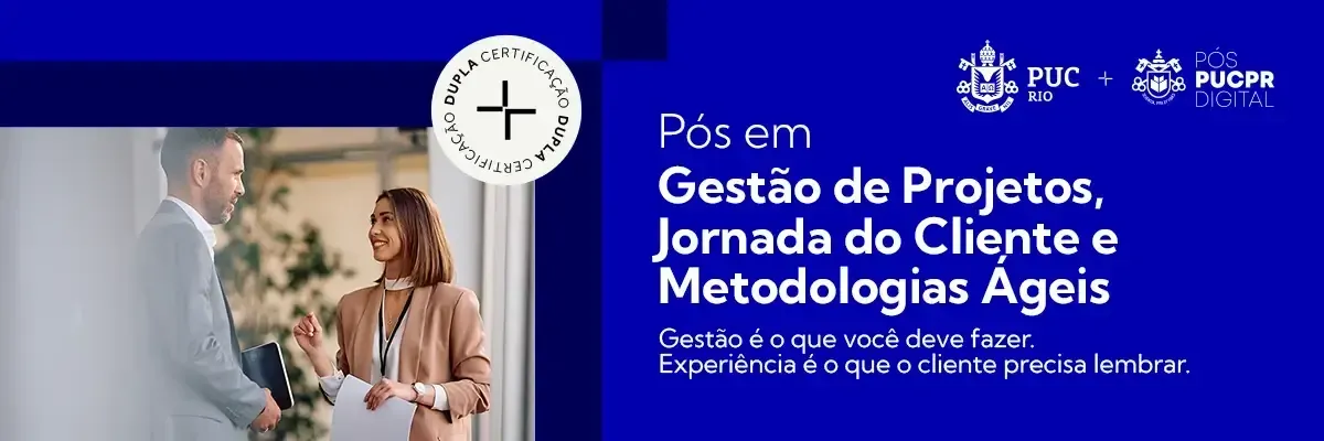 Man and woman talking next to a window; Text: Project Management, Customer Journey, Agile Methodologies.