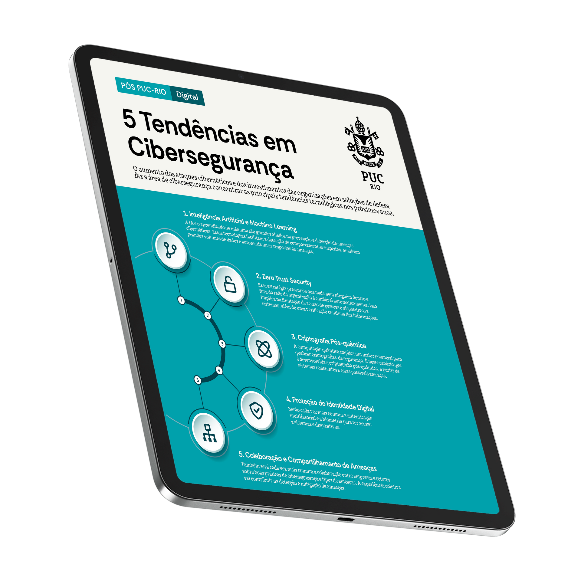 Um tablet com uma tela azul e uma mão apontando para uma tela azul com o título tendências de TI