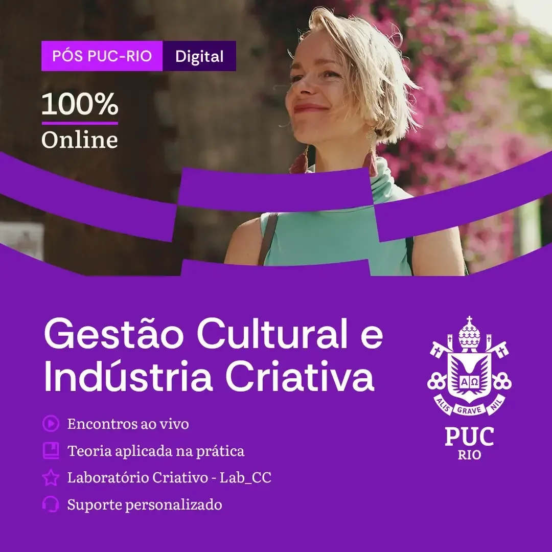 um banner preto com rosa pink escrito gestão cultural e industria criativa