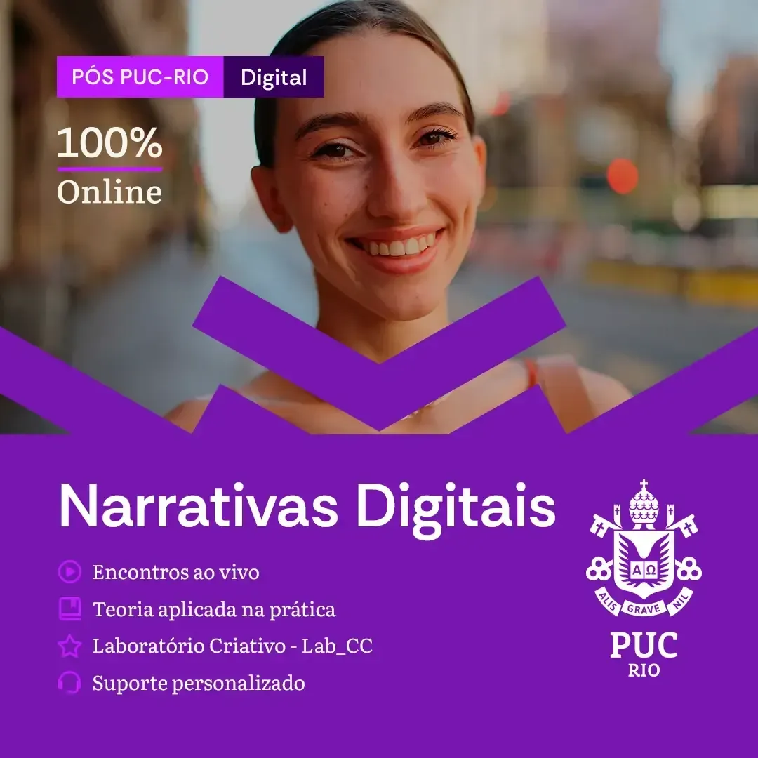 um banner preto com rosa pink escrito  pós em narrativas digitais, com a chamada quero conhecer