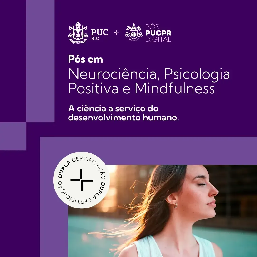 Poster for a Neuroscience, Positive Psychology, and Mindfulness program. Purple tones, woman's face, a plus sign, and logos.