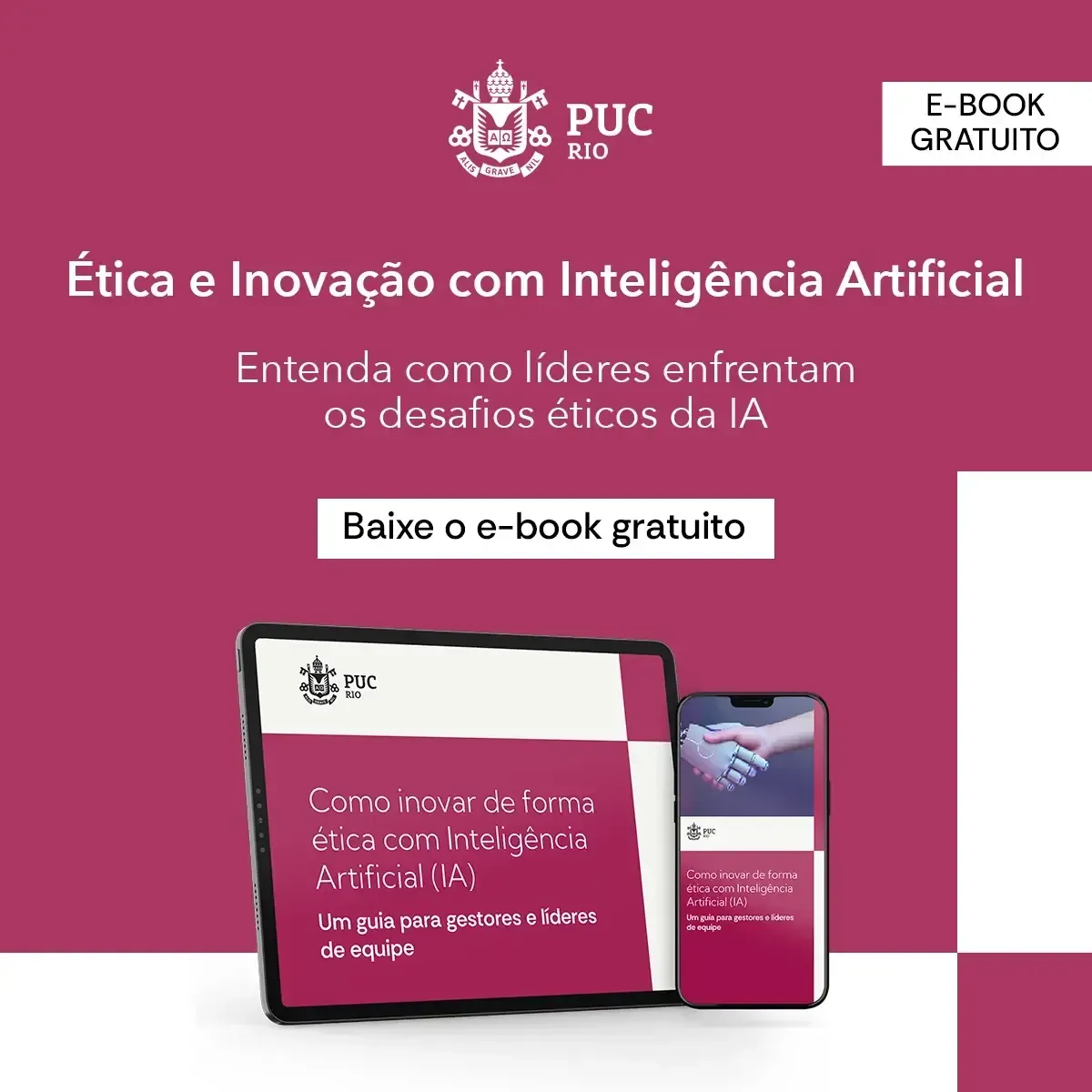 Promotional graphic for a free PUC Rio e-book titled 