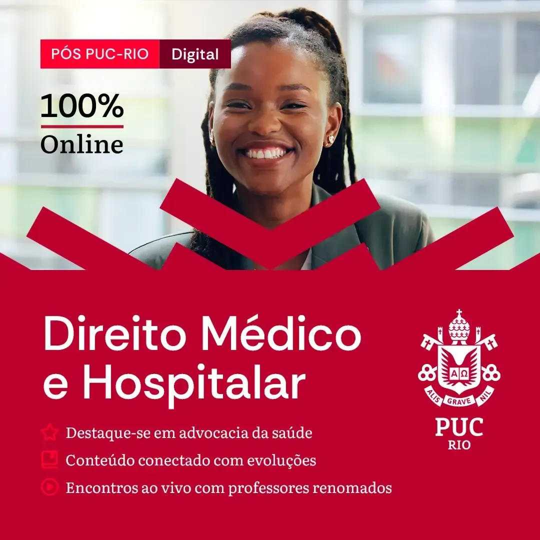 Advertisement for PUC-Rio's online course in Medical and Hospital Law. Features a smiling Black woman and red text.