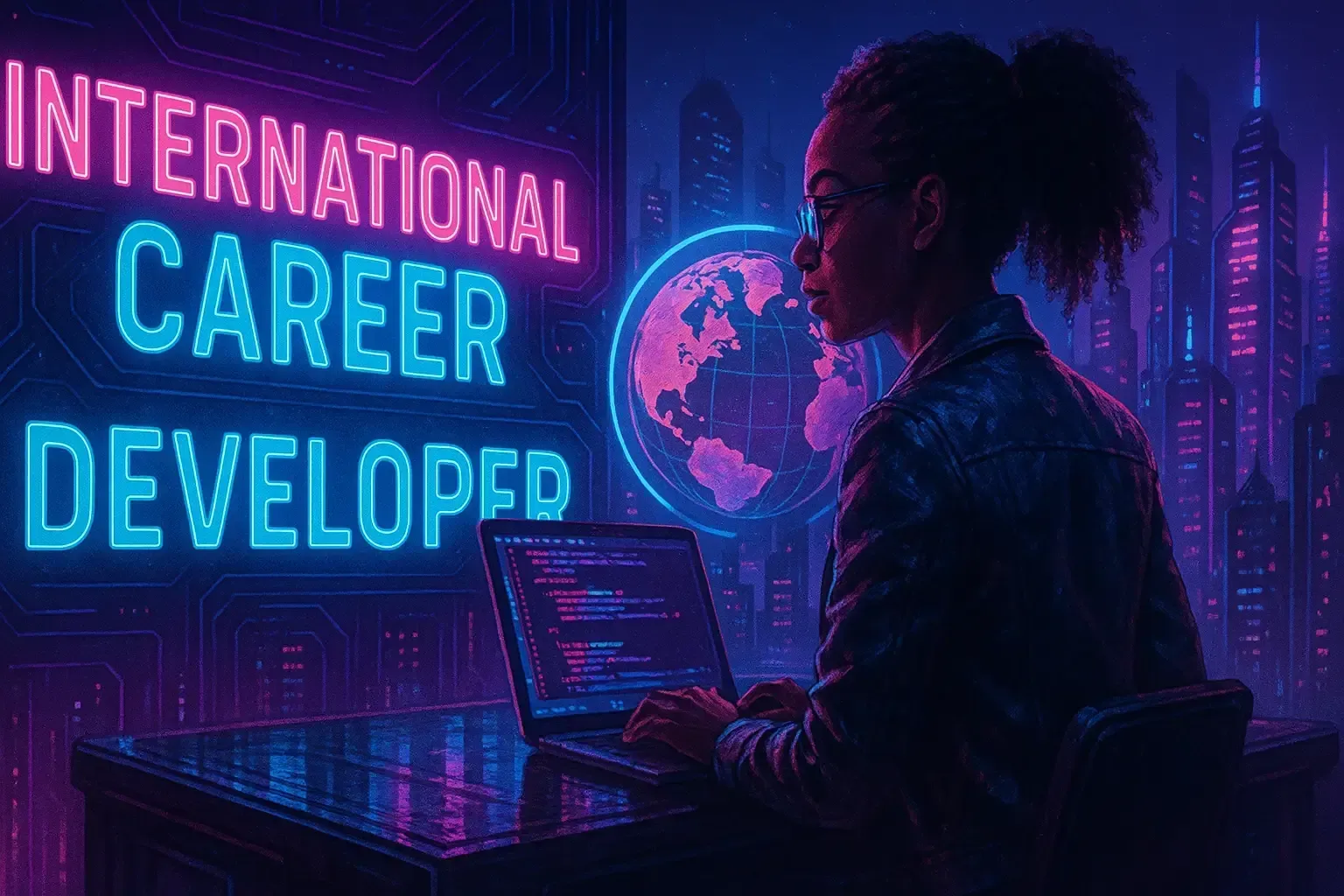 Mulher codificando, letreiro de neon: Carreira internacional desenvolvida. Paisagem urbana, globo terrestre.