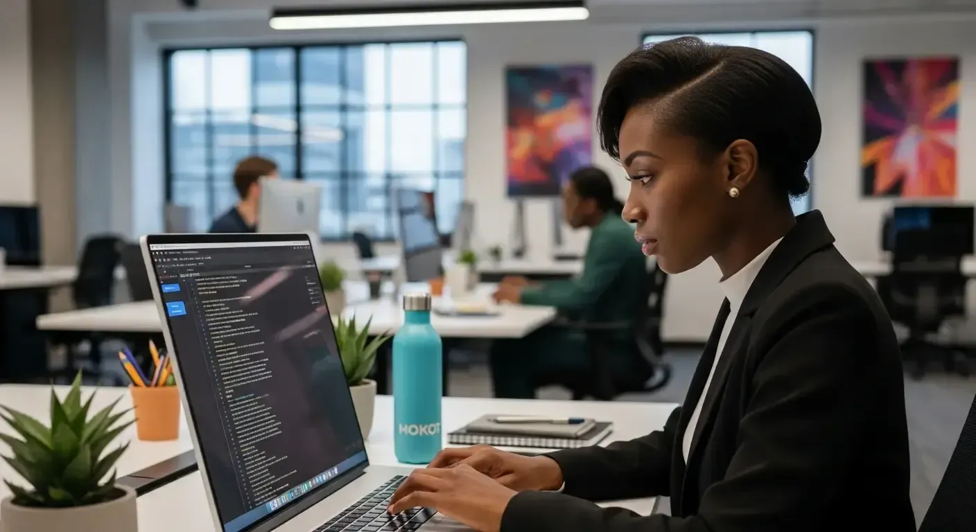 Woman coding on a laptop in an office, other people in the background, a water bottle and a potted plant are on the desk.