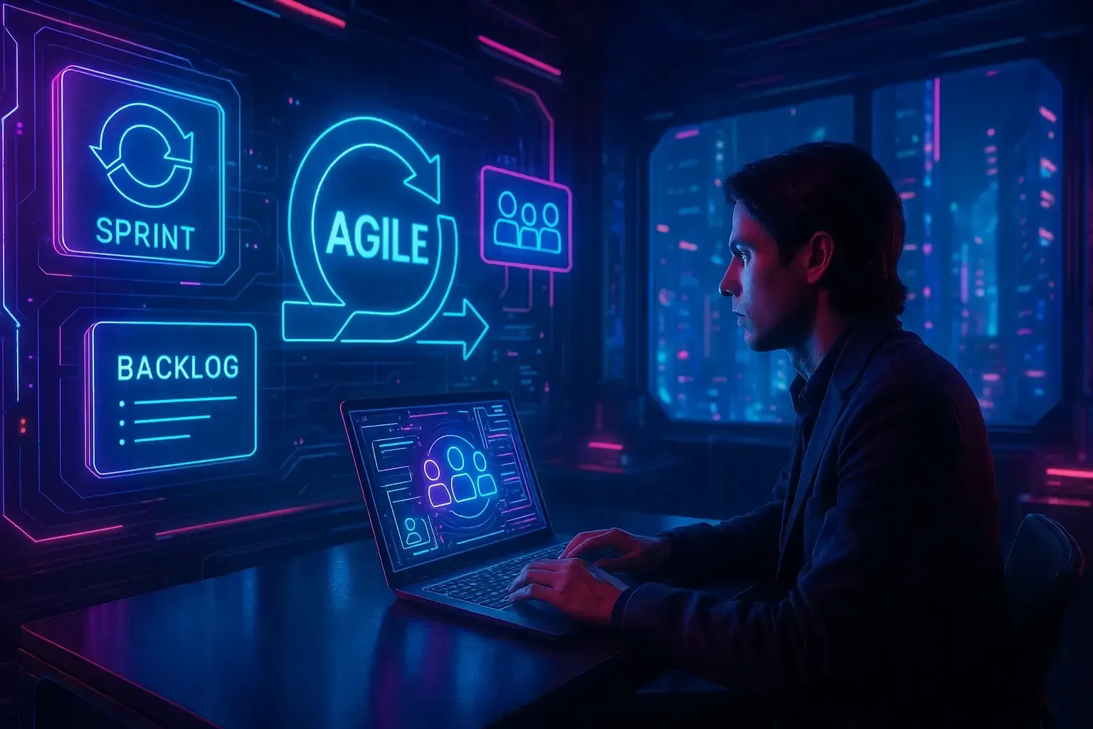 Man working on laptop, inside a futuristic office. Agile workflow icons are neon, in blue and pink hues.