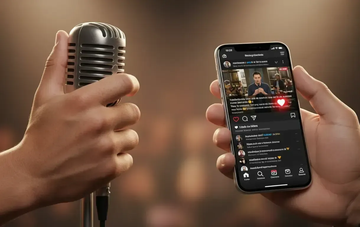 Hands holding a microphone and smartphone streaming a live event on stage.