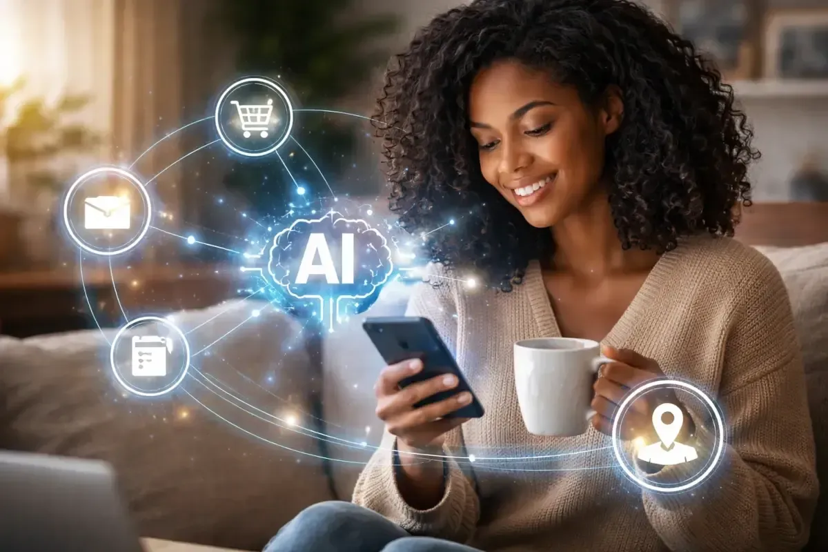 A person smiling while using a smartphone, surrounded by holographic icons representing AI, shopping, and location services.