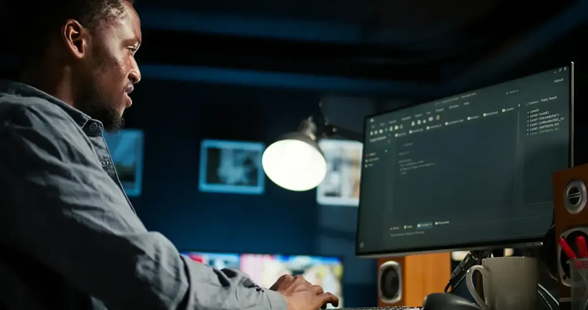 Person coding at a desk in a dimly lit office, viewing code on a large monitor.