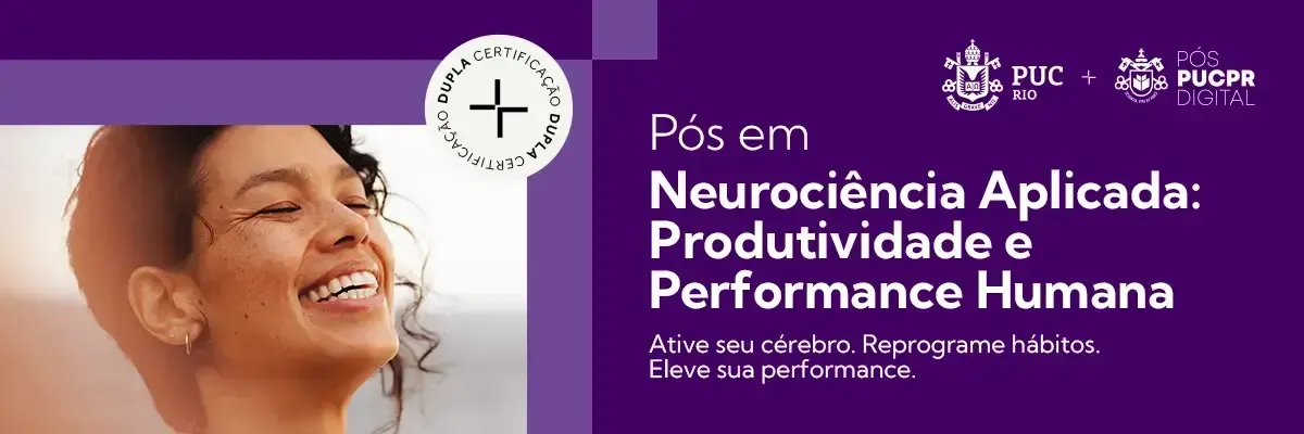 Woman smiling, advertisement for neuroscience course: productivity and human performance. Purple background.