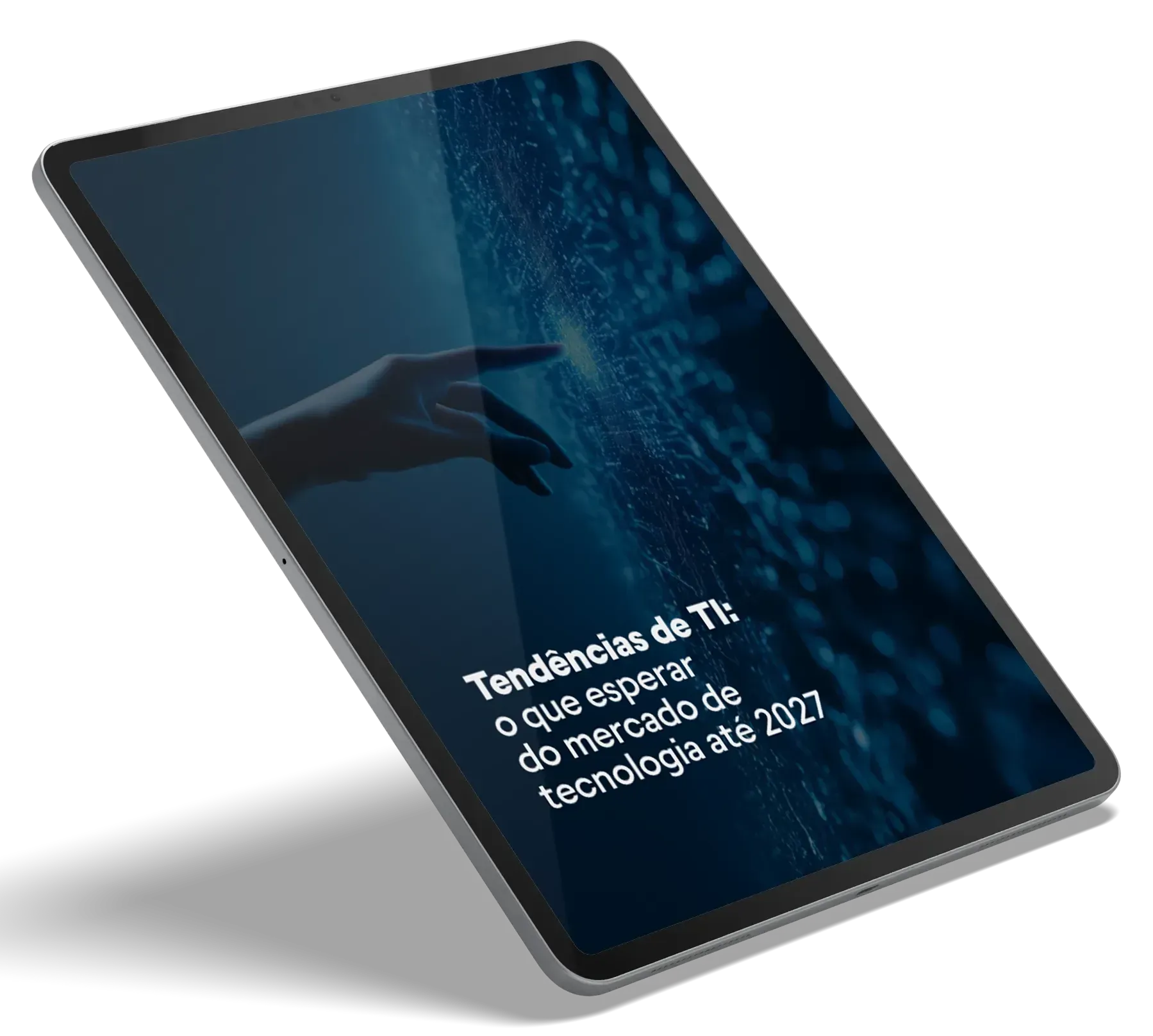 Um tablet com uma tela azul e uma mão apontando para uma tela azul com o título tendências de TI