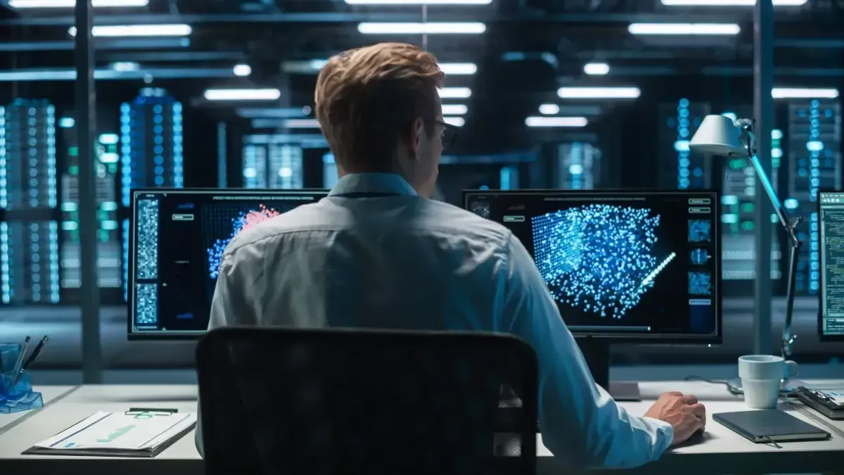 Man working at computer in a data center, analyzing glowing blue diagrams on monitors.