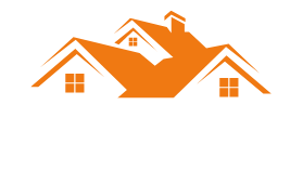 Orange house silhouette with windows and chimney.