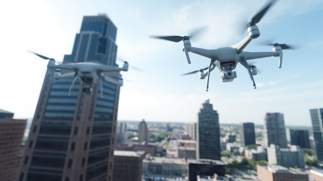 Drone inspecting a building in Dayton, Ohio.