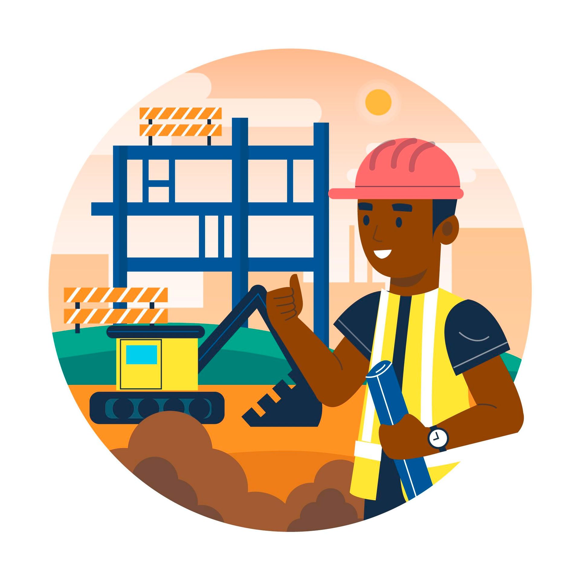 Construction worker with blueprint and excavator at a building site.