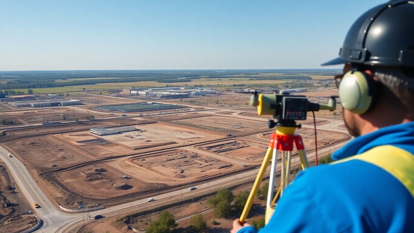 Aerial view of surveyors mapping a construction site with drones.