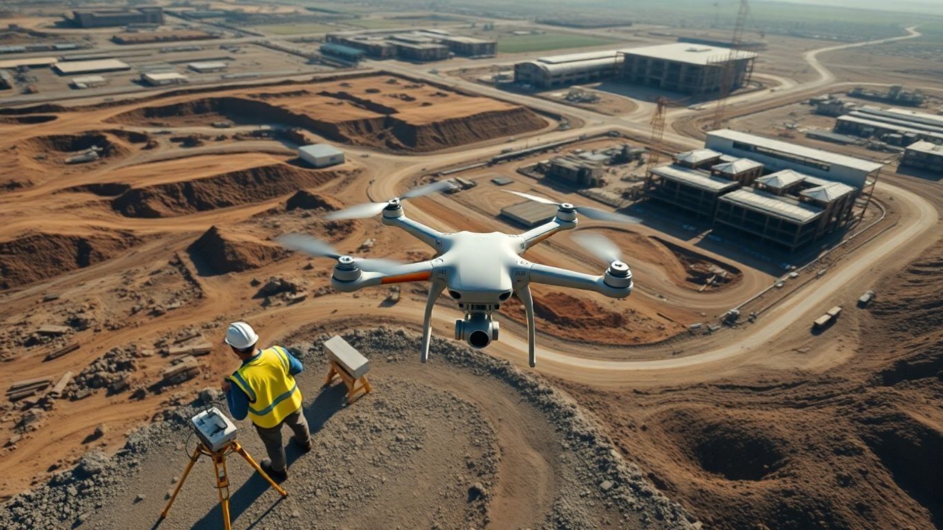 Drone mapping a large construction site with surveyors below.