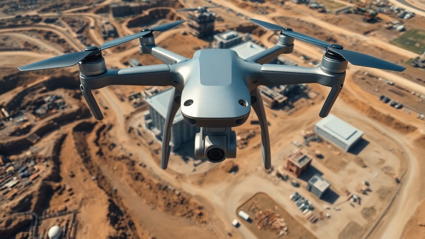 Drone surveying a large construction site from above.