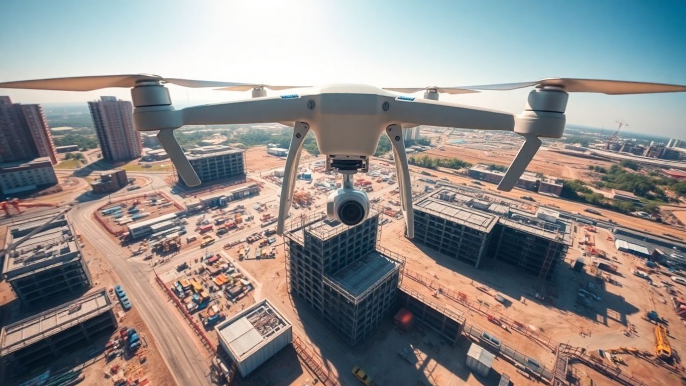 Drone surveying construction site progress from above.