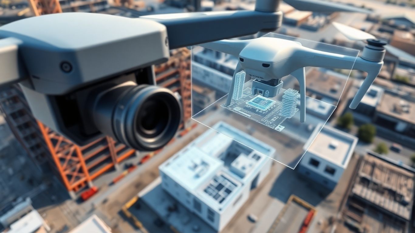 Drone surveying construction site with BIM model overlay.