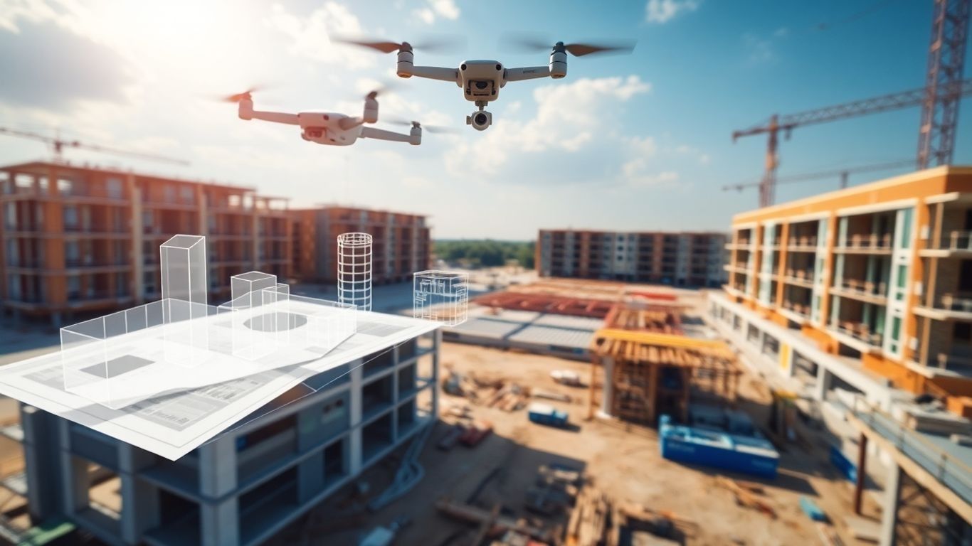 Drone surveying construction site with BIM overlay.