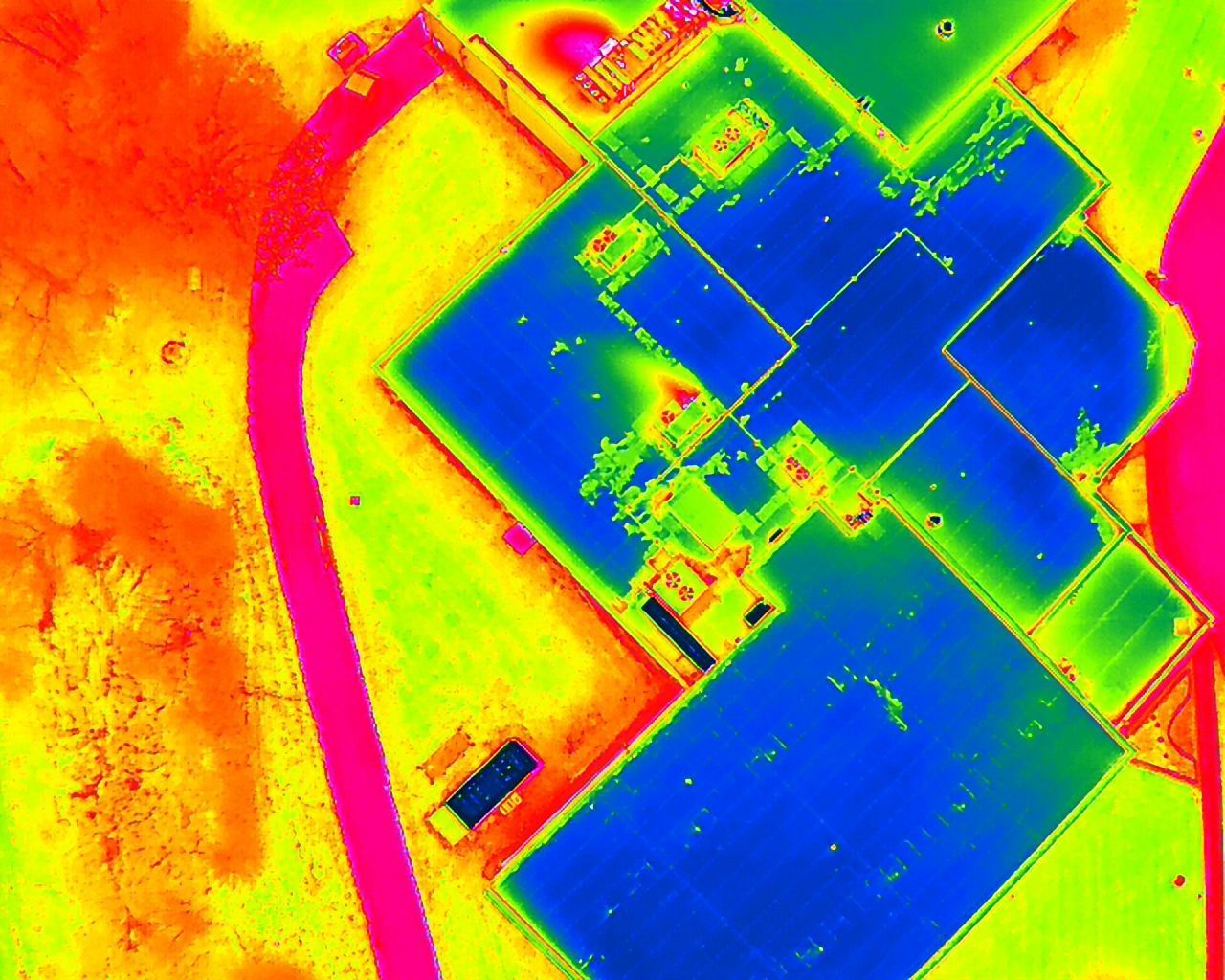 Thermal aerial drone photo of buildings.