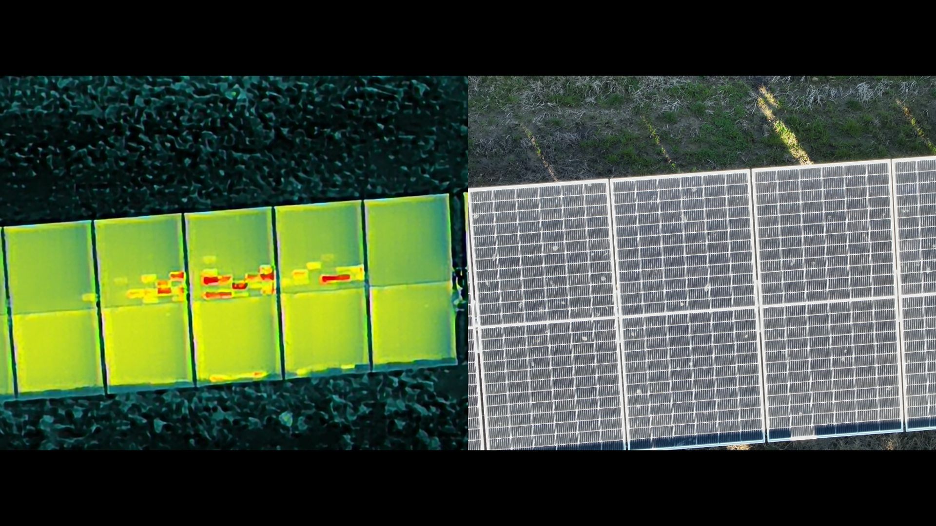 An aerial view of a solar panel and a thermal image of a solar panel.