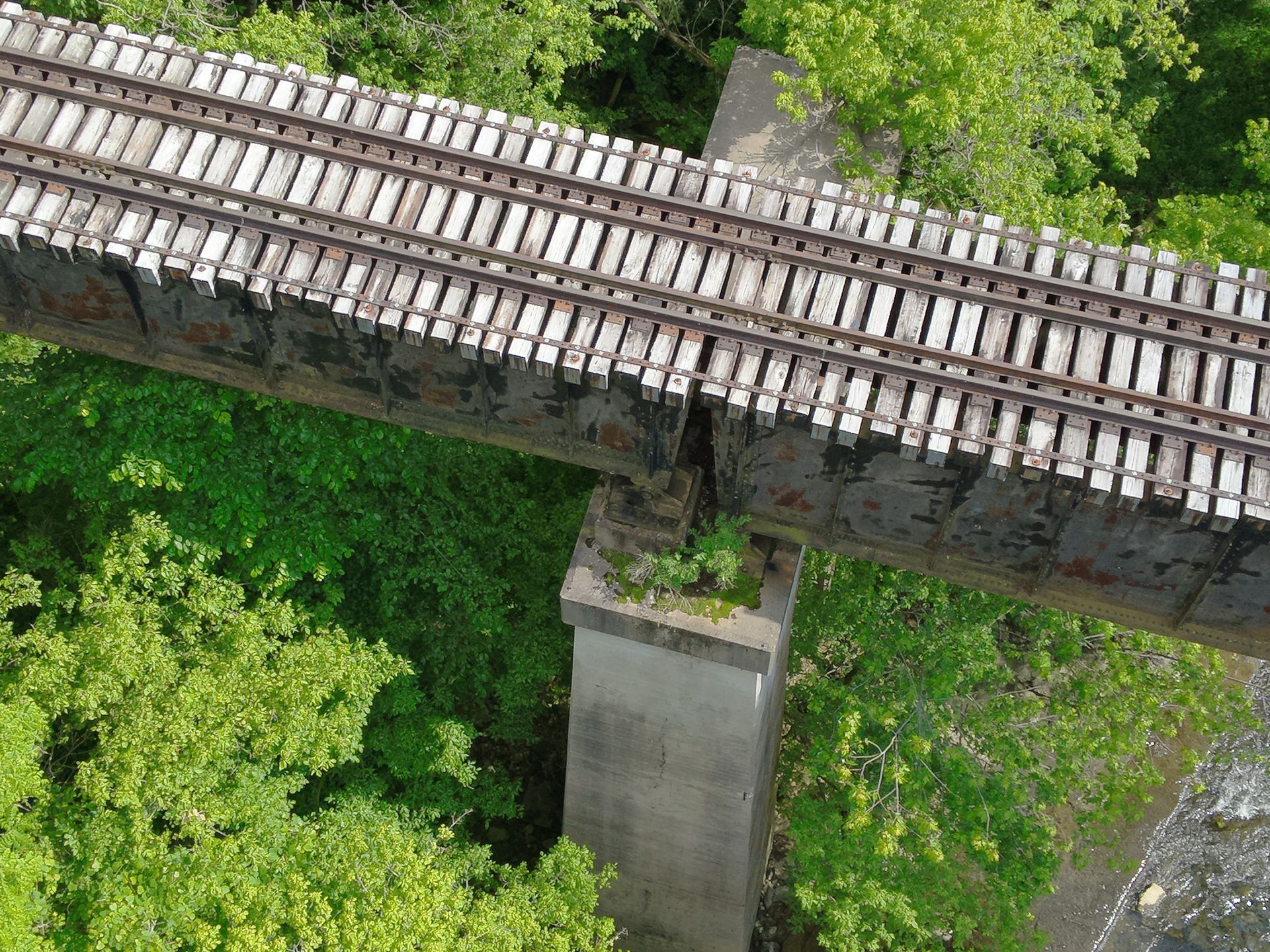 An aerial view of a train bridge surrounded by trees.