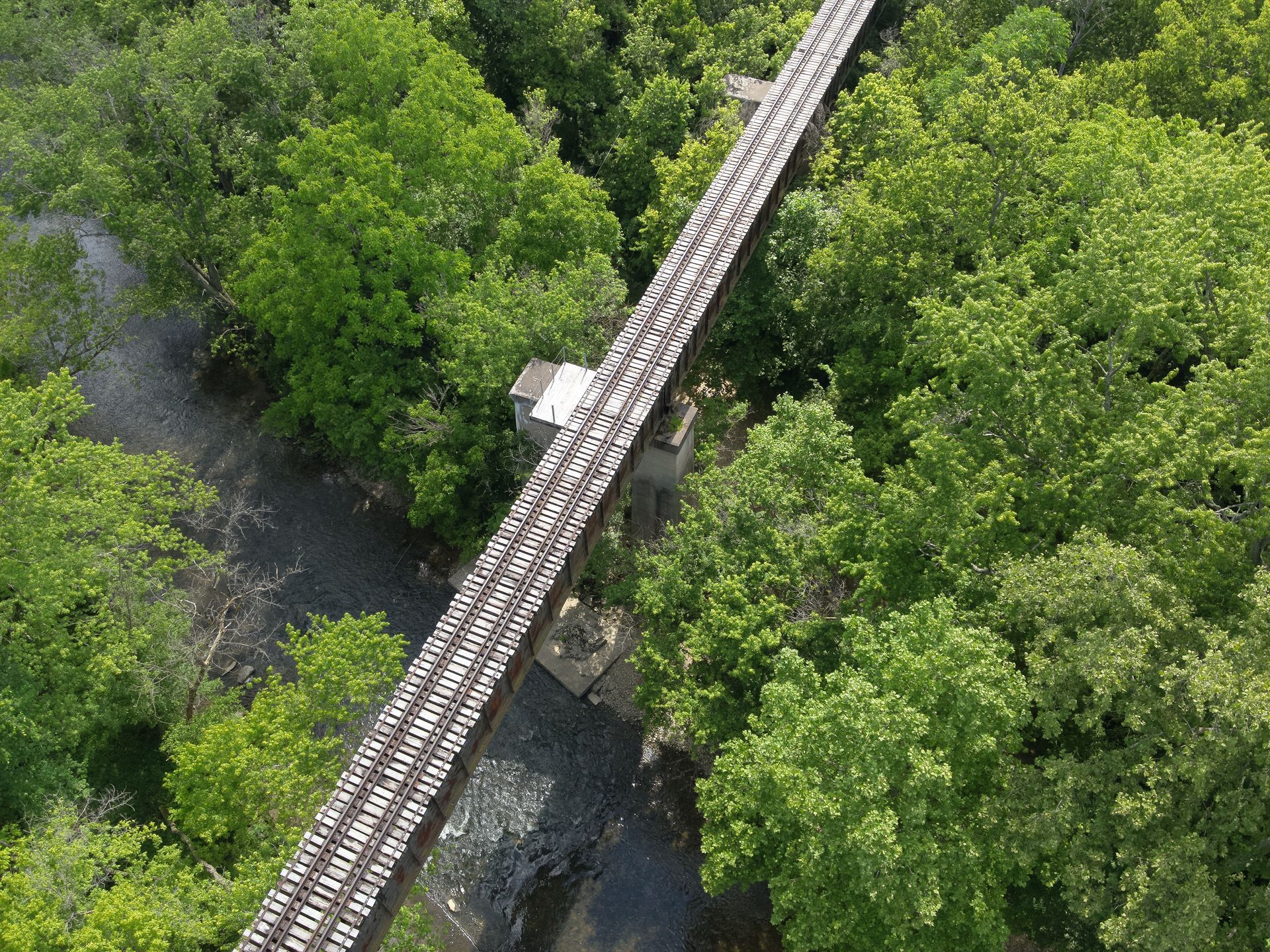 An aerial view of a bridge over a river surrounded by trees.