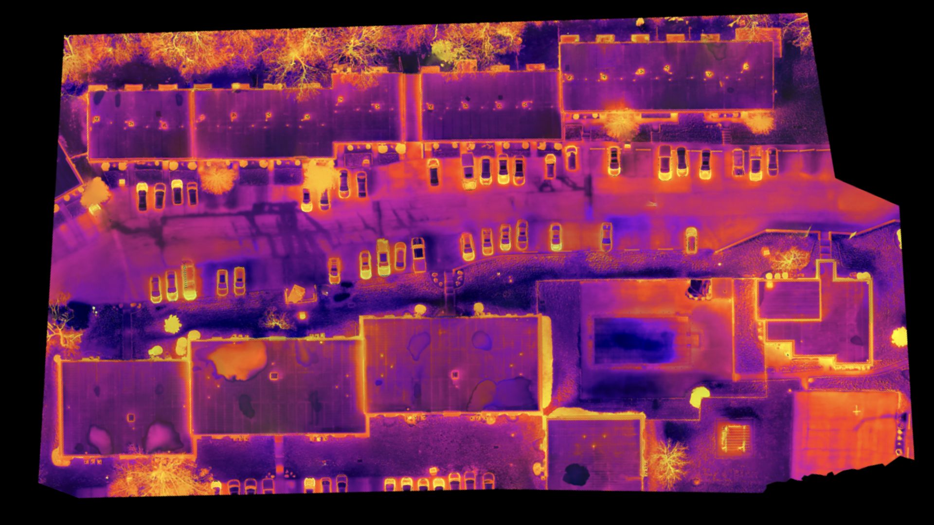 A purple and orange aerial view of a building