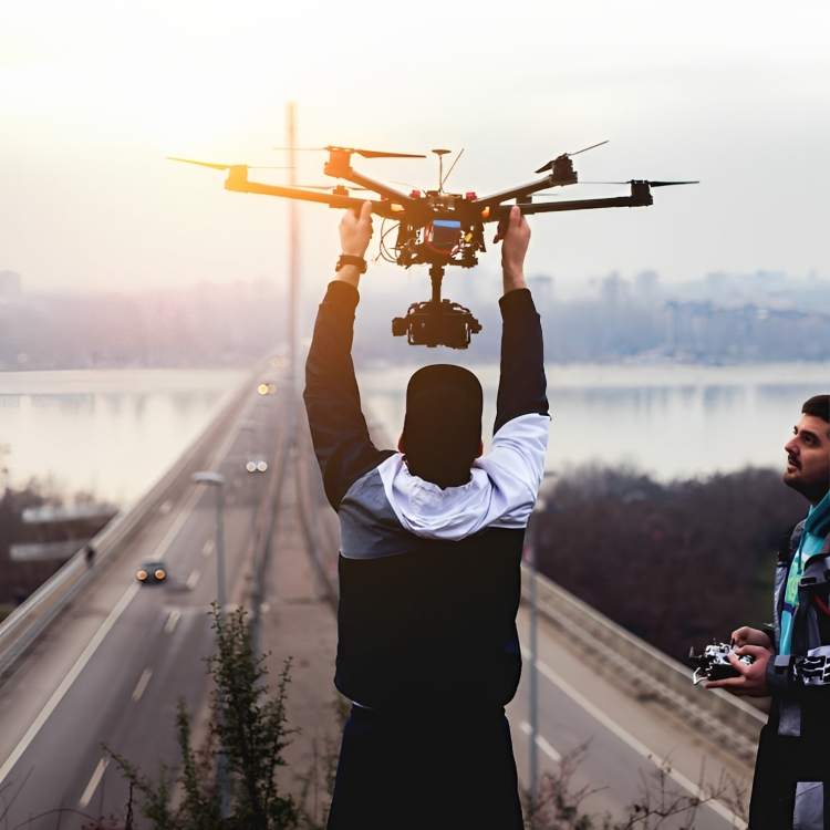 A pile of plastic pipes and blocks are laying on the ground. Inspected by drone.