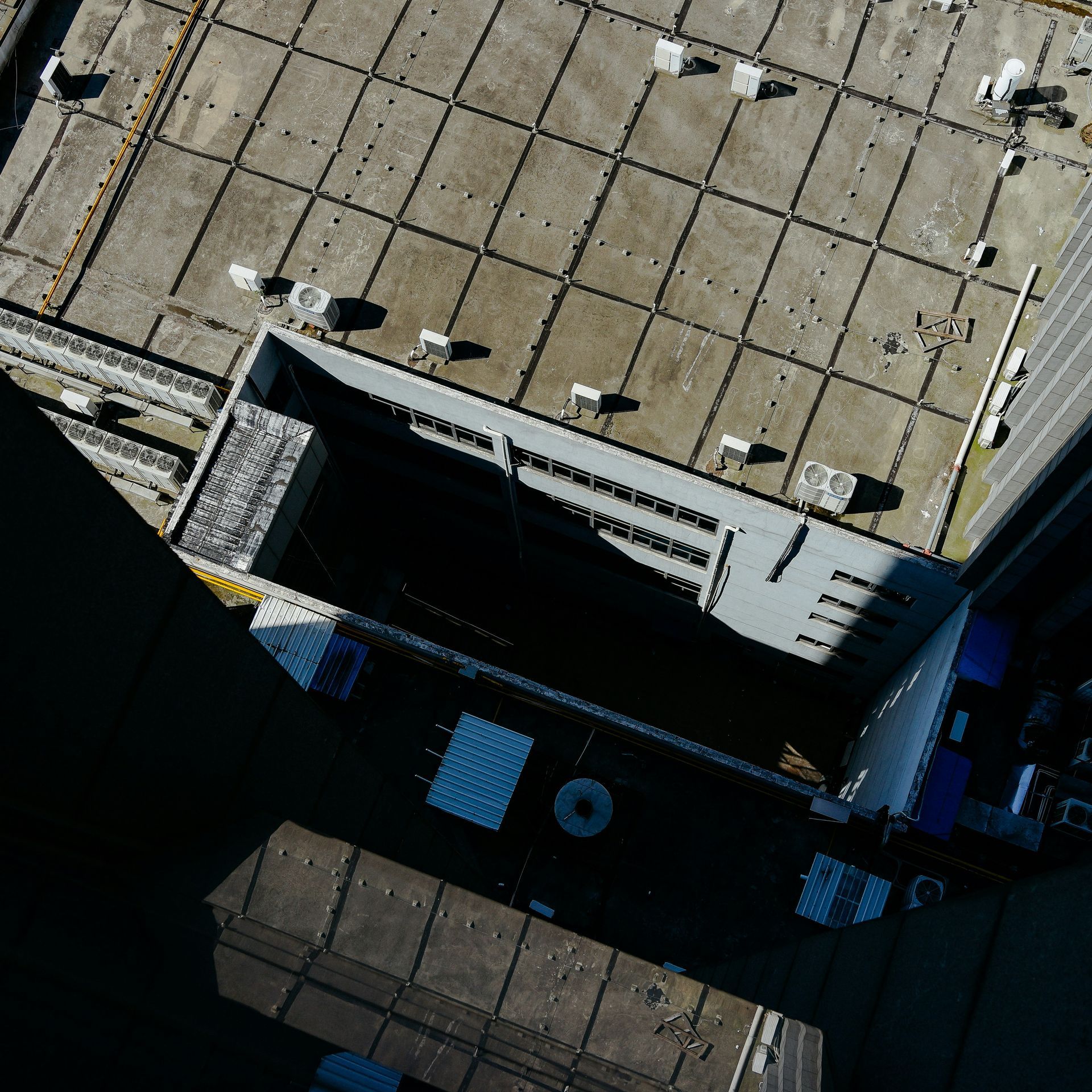An aerial view of the roof of a building