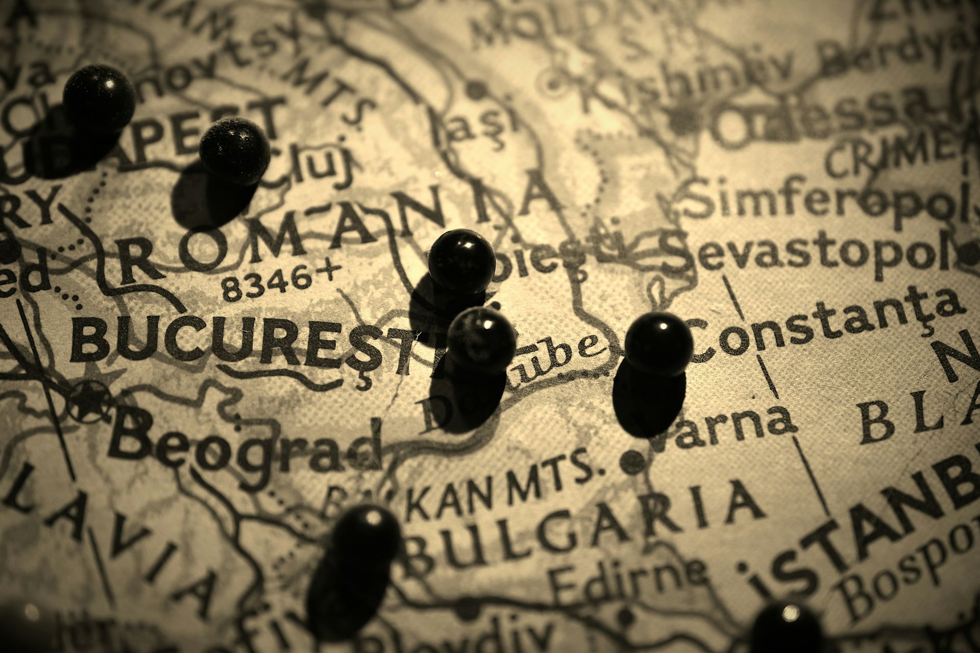 A map of bulgaria with pins pinned to it