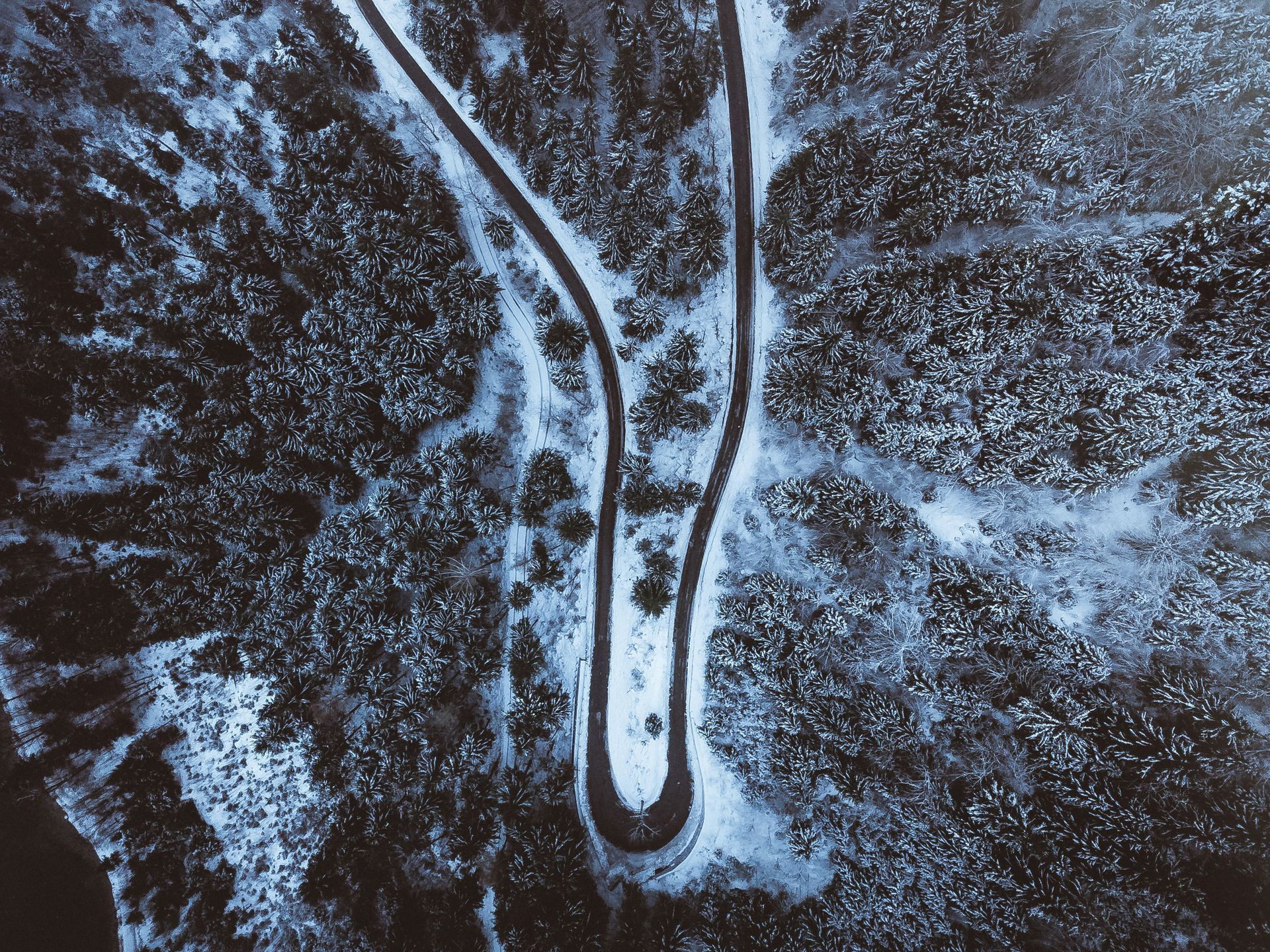 Snowy road winding through a dark forest, aerial view.
