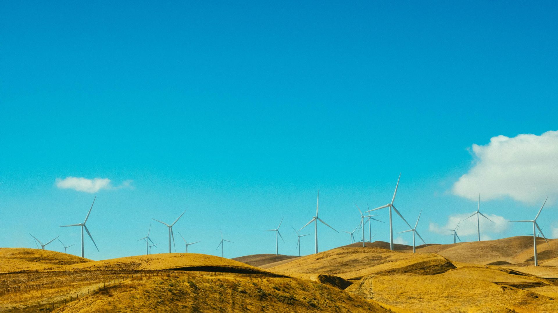Wind turbines on a golden hillside under a blue sky with sparse clouds.