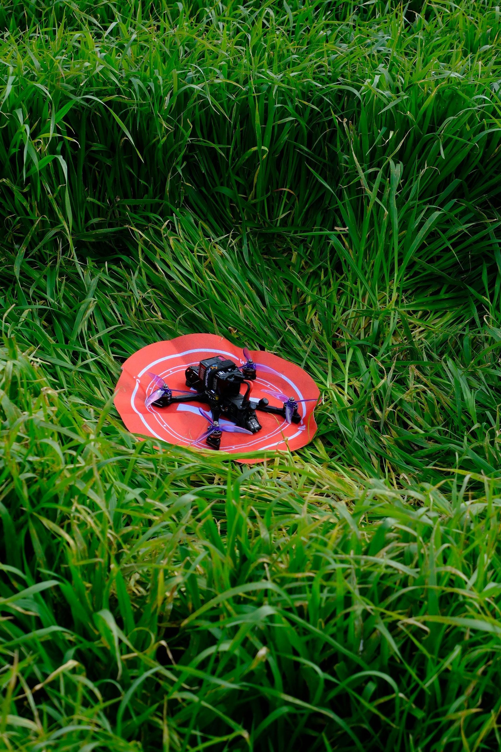 Drone on red landing pad in tall green grass.