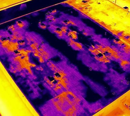 An aerial view of a house with a roof that is surrounded by trees. Inspected by drone.