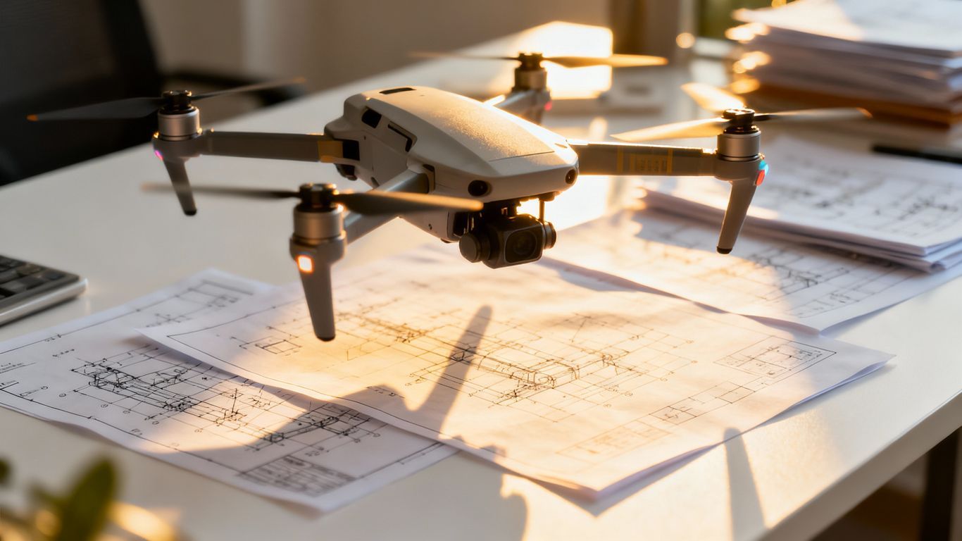 A pile of plastic pipes and blocks are laying on the ground. Inspected by drone.