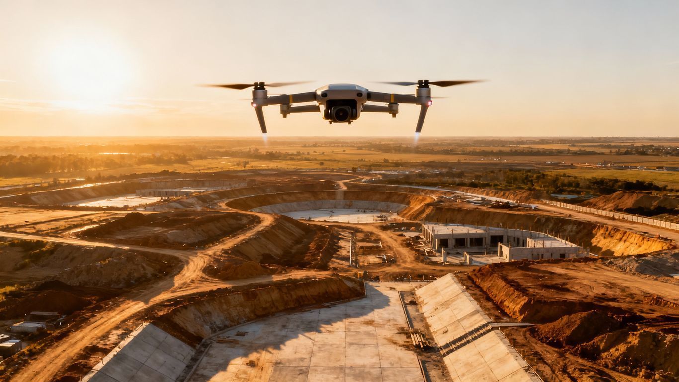 Drone surveying a large construction site from above.
